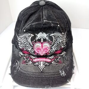 TattooWear Distressed Baseball Cap Winged Heart  Y2K Tattoo Biker Hat
